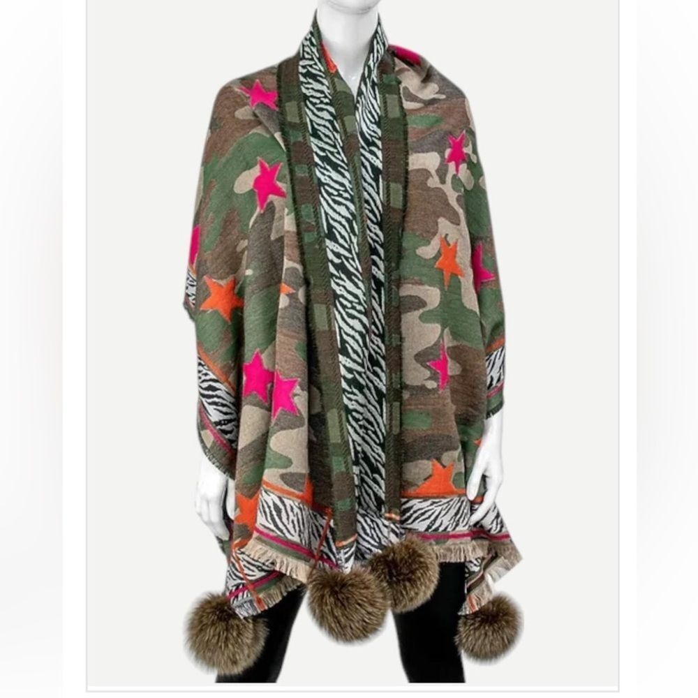 Mitchies Camo StarZebra Print Wrap Scarf Fox Fur Pom Poms Green Pink Cotton Wool